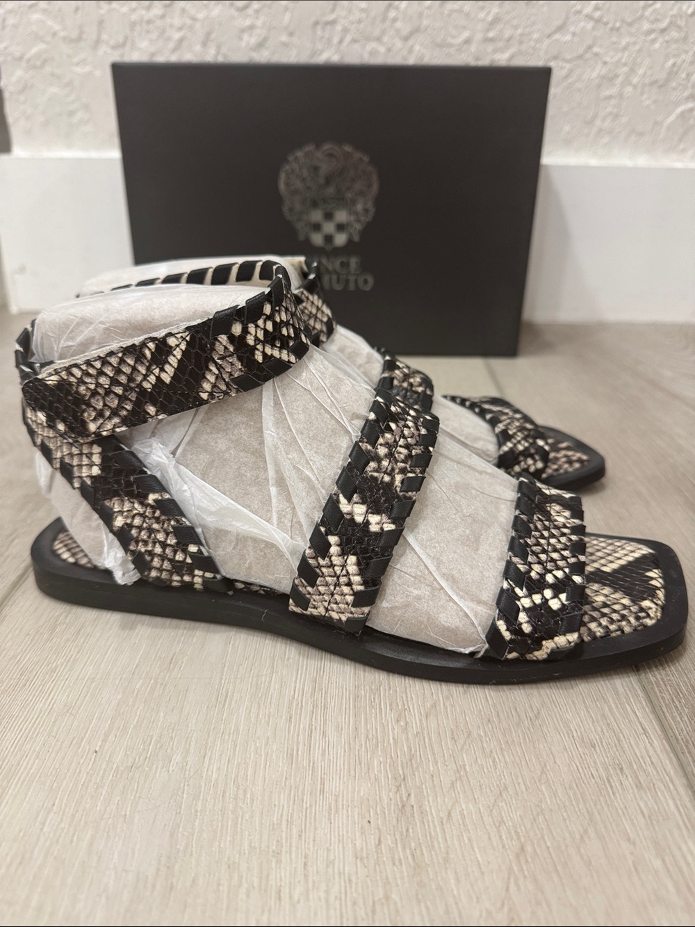 Vince Camuto Black & Beige Snake-Print Strappy Flat Sandals - Picture 5 of 6